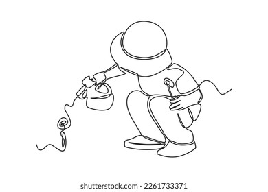 Continuous one line drawing little boy watering flower. Spring concept. Single line draw design vector graphic illustration.