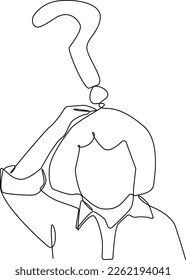 Continuous one line drawing little girl has question mark on head. Frequently Asked Questions Concept. Single line draw design vector graphic illustration.