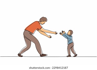 Continuous one line drawing little boy running to his dad. Child happy to greet dad returning home from business trip. Dad stretching hands to son. Cheerful kid and parent. Single line design vector