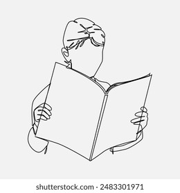Continuous one line drawing of little girl reading book. Editable line. Vector illustration.