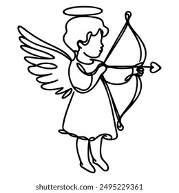 Durchgehende eine Linie Zeichnung des kleinen Engel Amor. Kleiner Engel mit Bogen Kontinuierliche eine Linie Zeichnung. Vektorillustration