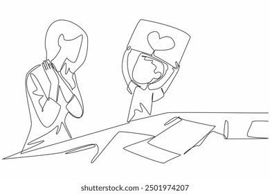 Continuous one line drawing a little boy shows his beloved mommy a piece of paper with a heart. Expressing love through picture. Sign of love. Mother's Day. Single line draw design vector illustration