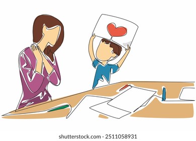 Continuous one line drawing a little boy shows his beloved mommy a piece of paper with a heart. Expressing love through picture. Sign of love. Mother's Day. Single line draw design vector illustration