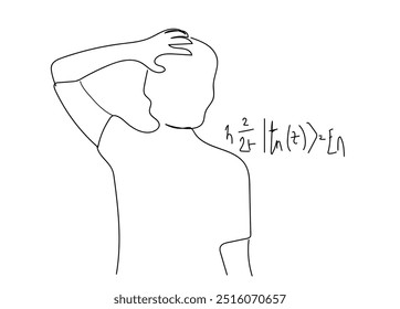 Desenho contínuo de uma linha Pequeno aluno mostrando entediado e cansado sobre quadro-negro verde com equivalentes matemáticos escritos nele. De volta ao conceito de educação minimalista. 