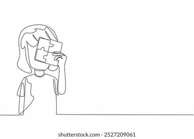 Continuous one line drawing little girl holding a 4 piece square puzzle. Positive influence on the ability to focus. Treatment. World Autism Awareness Day. Single line draw design vector illustration