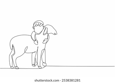 Continuous one line drawing the little boy hugging sheep. Loving the first pet. Cultivating the spirit of animal husbandry. National Farm Animals Day. Single line draw design vector illustration