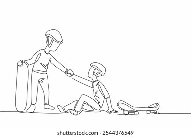 Continuous one line drawing little skater helps his friend who fell off his skateboard. One hobby. Helping each other lighten the load. Good Deeds Day. Single line draw design vector illustration