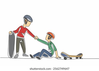 Continuous one line drawing little skater helps his friend who fell off his skateboard. One hobby. Helping each other lighten the load. Good Deeds Day. Single line draw design vector illustration