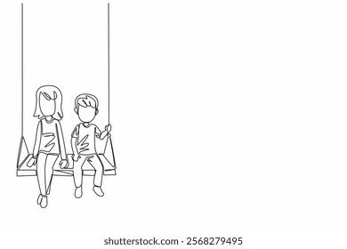 Continuous one line drawing little brother and big sister sitting together on a swing. Vacation together in the park. National Brothers and Sisters Day. Single line draw design vector illustration