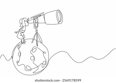 Continuous one line drawing little girl looking through giant telescope at the moon. Star cluster observer. Comet. Little scientist. National Space Day. Single line draw design vector illustration