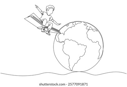 Continuous one line drawing of little boy sitting on book flying around earth globe, children and power of learning concept, single line art