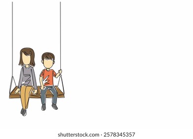 Continuous one line drawing little brother and big sister sitting together on a swing. Vacation together in the park. National Brothers and Sisters Day. Single line draw design vector illustration