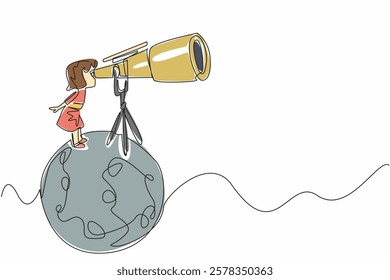 Continuous one line drawing little girl looking through giant telescope at the moon. Star cluster observer. Comet. Little scientist. National Space Day. Single line draw design vector illustration