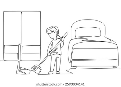 Continuous one line drawing a little girl sweeps the floor using a broom and dustpan. Done manually. Without robot technology. National Clean Your Room Day. Single line draw design vector illustration