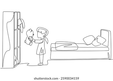 Continuous one line drawing a little girl tidying up her toys and putting them away in the cupboard. Free time for cleaning. National Clean Your Room Day. Single line draw design vector illustration