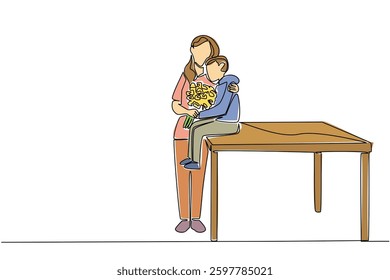 Continuous one line drawing a little boy sitting at a table and his mother standing and holding a bouquet of flowers. A beautiful day. Gift. Day of Mother. Single line draw design vector illustration