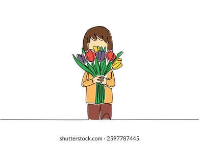 Continuous one line drawing a little girl wearing a tshirt holds a bouquet of colorful tulips. Posing like a professional model. Adorable. Cute. Tulip Day. Single line draw design vector illustration