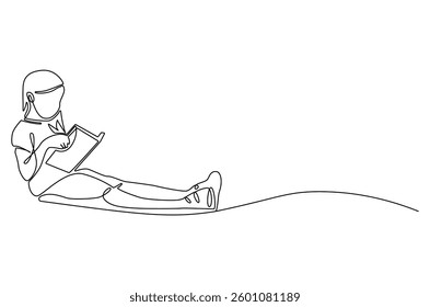 Continuous one line drawing of little girl reading a book. Single line drawing illustration Little woman reading book. World children book day concept vector art. Doodle line illustration.