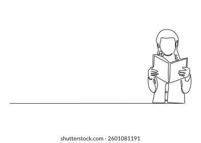 Continuous one line drawing of little girl reading a book. Single line drawing illustration Little woman reading book. World children book day concept vector art. Doodle line illustration.