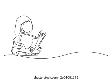 Continuous one line drawing of little girl reading a book. Single line drawing illustration Little woman reading book. World children book day concept vector art. Doodle line illustration.