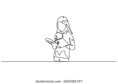 Continuous one line drawing of little girl reading a book. Single line drawing illustration Little woman reading book. World children book day concept vector art. Doodle line illustration.