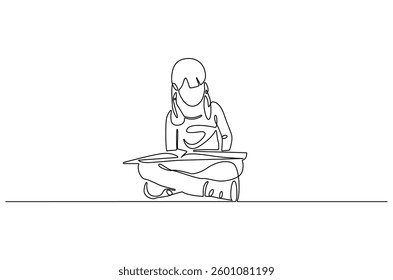 Continuous one line drawing of little girl reading a book. Single line drawing illustration Little woman reading book. World children book day concept vector art. Doodle line illustration.
