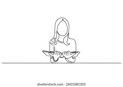 Continuous one line drawing of little girl reading a book. Single line drawing illustration Little woman reading book. World children book day concept vector art. Doodle line illustration.
