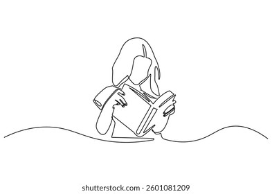 Continuous one line drawing of little girl reading a book. Single line drawing illustration Little woman reading book. World children book day concept vector art. Doodle line illustration.