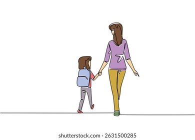 Continuous one line drawing a little girl carrying a backpack walking hand in hand with her mother. Love the child in other ways. Walk Safely To School Day. Single line draw design vector illustration