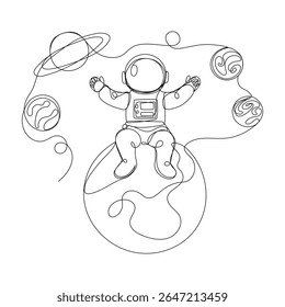 Continuous one line drawing of a little astronaut sitting on a planet. Vector illustration 