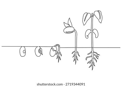 Kontinuierliche einzeilige Zeichnung von Kleinen grünen Sämlingen wächst. Einzeilige Zeichnung Illustration der Samenkeimung im Boden. Pflanzenwachstumsschritte Konzept, Vektorgrafik. Doodle-Linie Illustration.