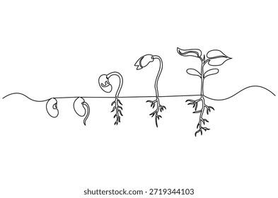 Continuous one line drawing of Little green seedlings growing. Single line drawing illustration of Seed germination in soil. Plant growth steps concept vector art. Doodle line illustration.