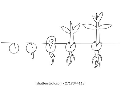 Continuous one line drawing of Little green seedlings growing. Single line drawing illustration of Seed germination in soil. Plant growth steps concept vector art. Doodle line illustration.