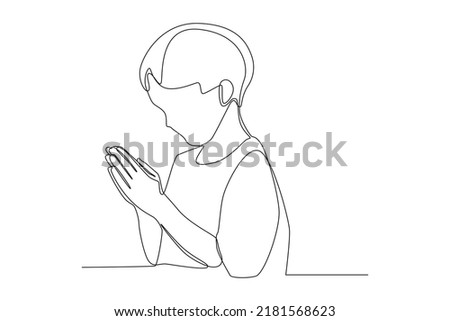Continuous one line drawing little boy praying for world peace. Peace day concept. Single line draw design vector graphic illustration.