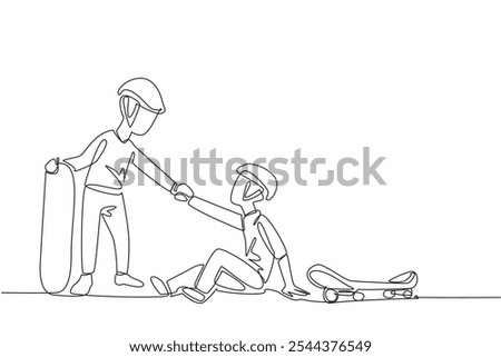 Continuous one line drawing little skater helps his friend who fell off his skateboard. One hobby. Helping each other lighten the load. Good Deeds Day. Single line draw design vector illustration