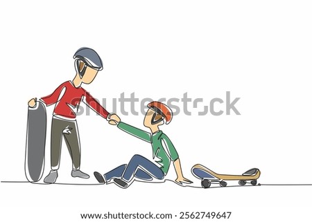 Continuous one line drawing little skater helps his friend who fell off his skateboard. One hobby. Helping each other lighten the load. Good Deeds Day. Single line draw design vector illustration