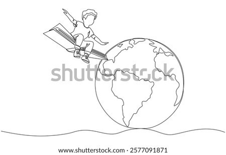 Continuous one line drawing of little boy sitting on book flying around earth globe, children and power of learning concept, single line art