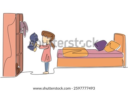 Continuous one line drawing a little girl tidying up her toys and putting them away in the cupboard. Free time for cleaning. National Clean Your Room Day. Single line draw design vector illustration