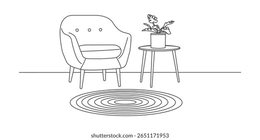 Continuous one line drawing of living room interior with chair and table with vase. Cozy corner with modern style chair in simple atmosphere. Vector illustration.