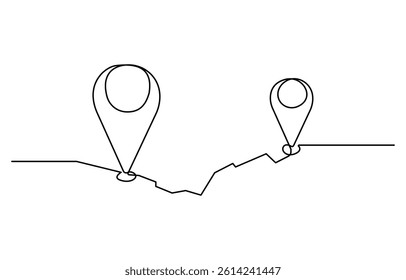 Continuous one line drawing location pointers pin road icon journey marker vector illustration, Single line art location mark. Premium vector illustration, One continuous line drawing.