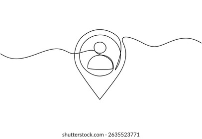 Continuous one line drawing of location inside profile icon, Single line draw of location with profile icon isolated on white background. Continuous one line drawing.