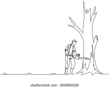 Continuous one line drawing logger sawing log and tree in forest. Wood industry worker with saw in hands. Lumberjack cut timberwood, woodcutter occupation. Single line draw design vector illustration