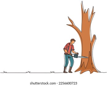 Continuous one line drawing logger sawing log and tree in forest. Wood industry worker with saw in hands. Lumberjack cut timberwood, woodcutter occupation. Single line draw design vector illustration