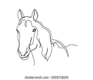 Continuous one line drawing of logo head horse ​icon in silhouette on a white background. Linear stylized