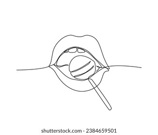 Continuous one line drawing of lollipop in mouth. Girl lips outline vector illustration. Editable stroke.