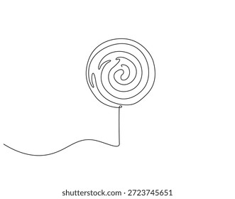Dibujo continuo de una línea de piruleta. Ilustración de dibujo de una línea de caramelo en espiral. Concepto de comida dulce de una sola línea. Esquema editable