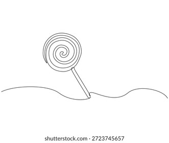 Um desenho contínuo de pirulito. Ilustração de desenho de uma linha de doce espiral. Linha única de conceito de comida doce. Estrutura de tópicos editável