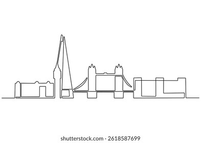 Continuous one line drawing of London city skyline. Single line drawing illustration of England cityscape. Beautiful buildings and architecture concept vector art. Doodle line illustration.