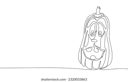 Continuous one line drawing of long pumkin. Halloween jack-o'-lantern oblong winter squash concept minimalist design for logo isolated on white background. Vector illustration