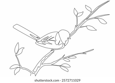 Continuous one line drawing long tailed tit perched on a tree branch. The smallest and cutest bird in Europe. The songbird. International Dawn Chorus Day. Single line draw design vector illustration